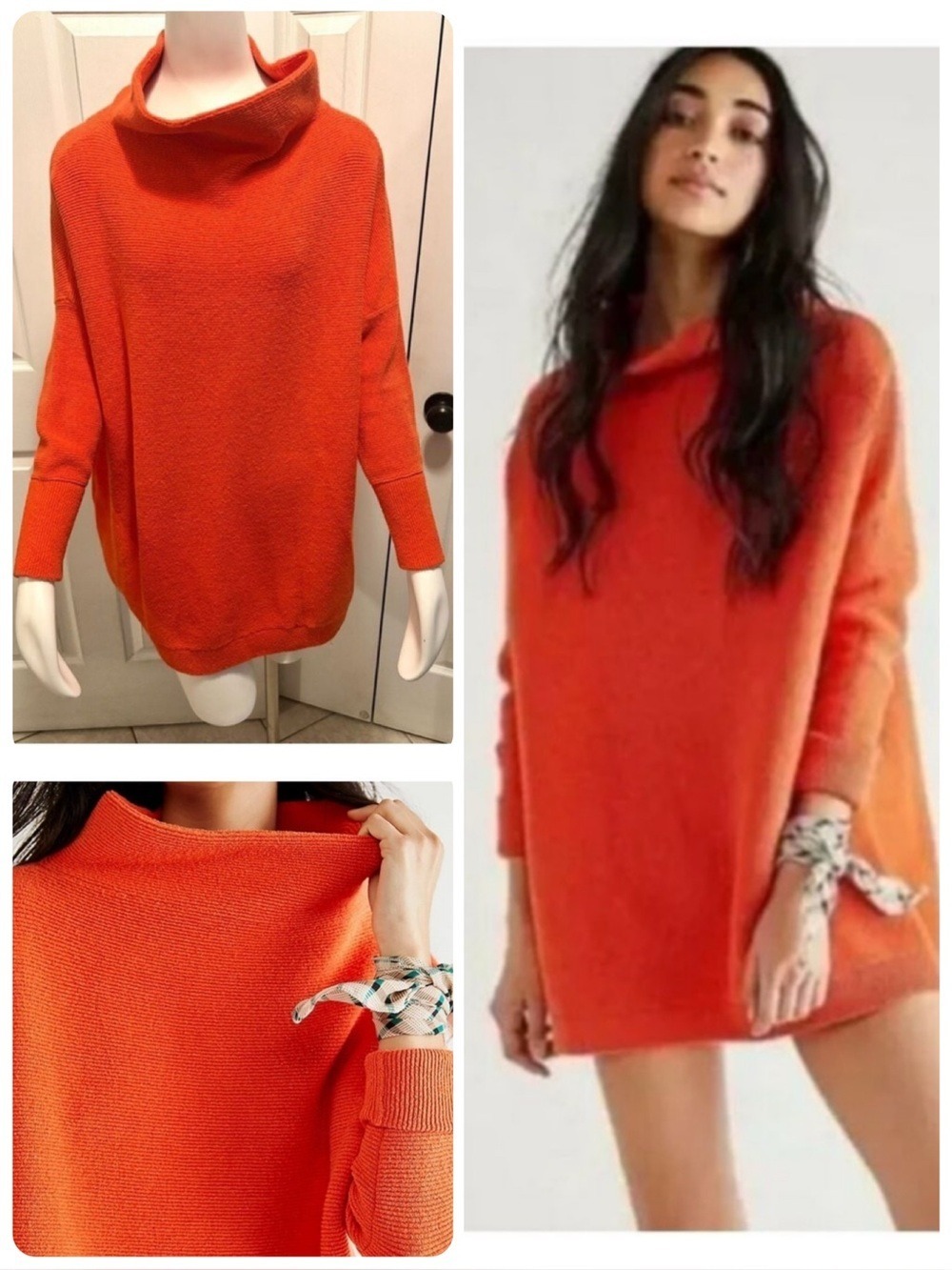 Free People Ottoman Slouchy Sweater Tunic Ribbed Knit Orange Red Oversize Medium